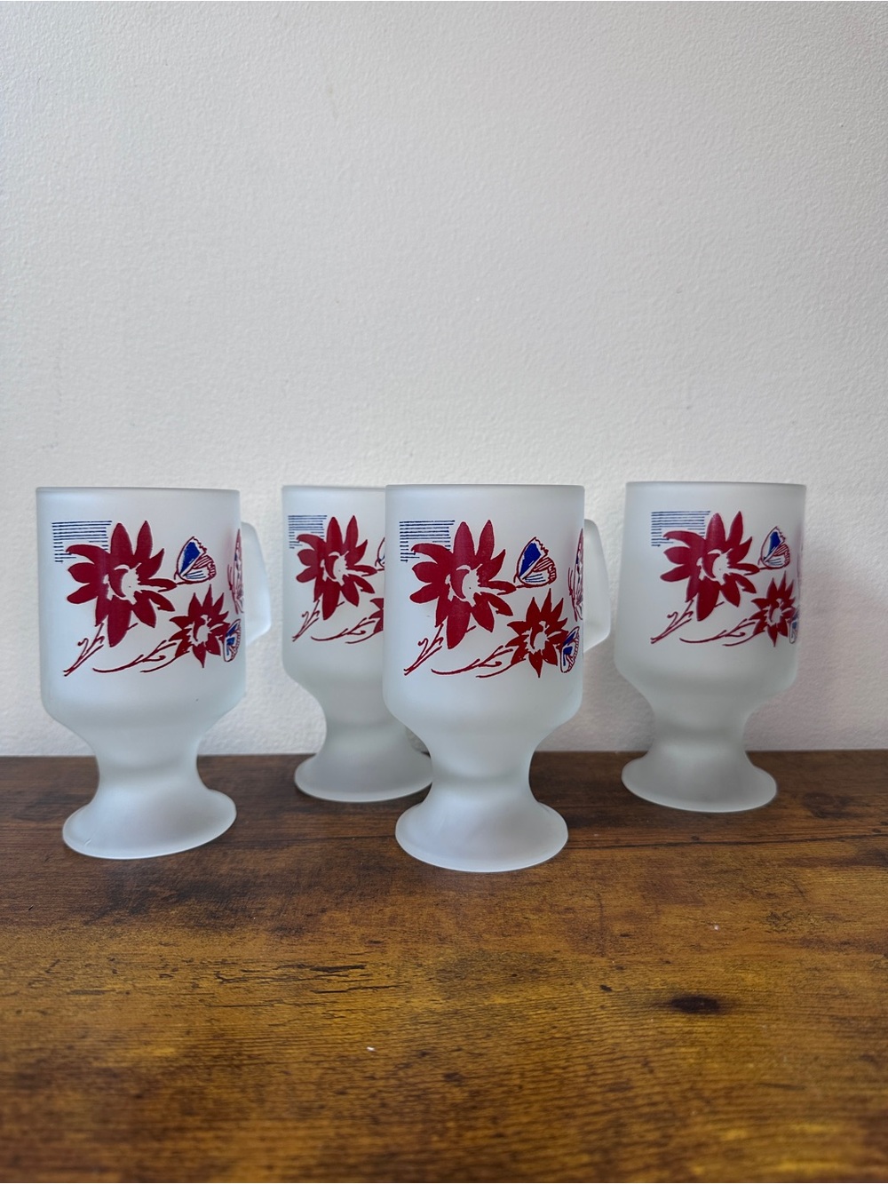 Vintage Tiara Indiana Glass‎ Frosted Pedestal Mugs Set 4 Butterfly Flower 1980s